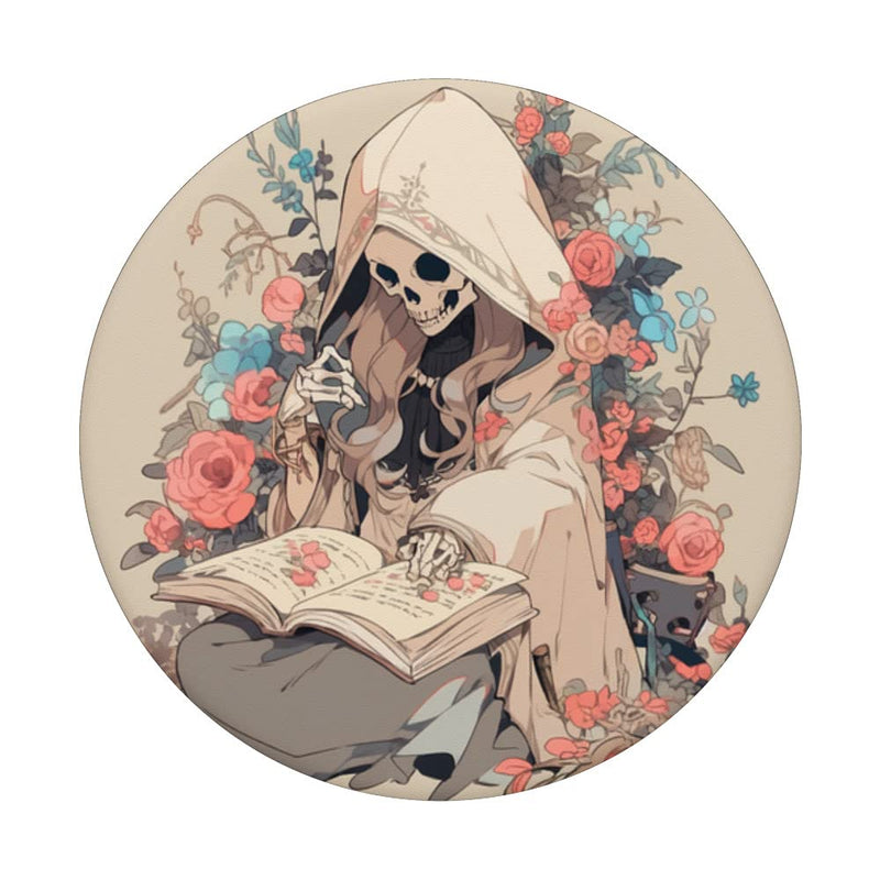 [Australia - AusPower] - Librarian Skeleton Gothic Goth Book Reading Lover Beige PopSockets Swappable PopGrip Black 