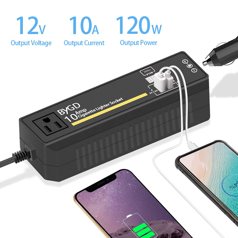 [Australia - AusPower] - AC to DC Converter, 100-240V to 12V 10A Power Adapter with Cigarette Lighter Socket and Voltage Display, 2 USB Ports & Type-C, Power Converter for Car Vacuum Cleaner, Car Refrigerator, Inflate Pump 