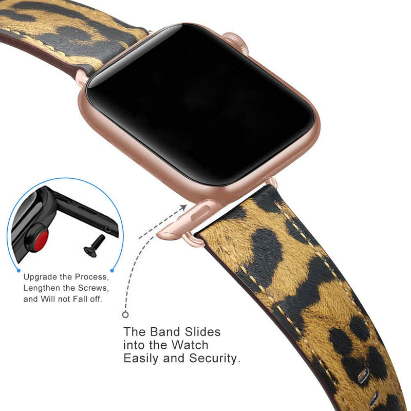 [Australia - AusPower] - Compatible with Apple Watch Bands 44mm 42mm 40mm 38mm: Genuine Leather iWatch Band for Apple Watch SE Series 6 5 4 3 2 1, Dressy Smartwatch Strap for Women Men(Leopard/Rose Gold, 42mm 44mm) leopard/rose gold 