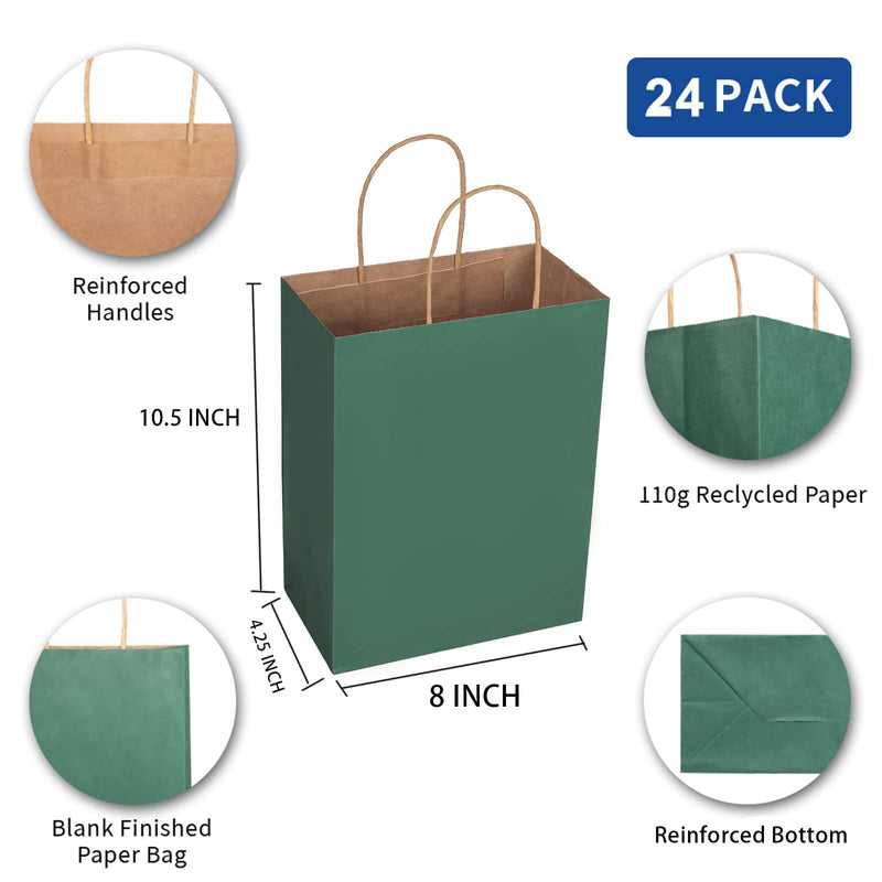 [Australia - AusPower] - Oletx 24PCS Green Kraft Paper Gift Bags with Handles Bulk 8''x 4.25''x10.5'', Craft Shopping Bags,Grocery Retail Bag,Wedding Bags,Birthday Bags 