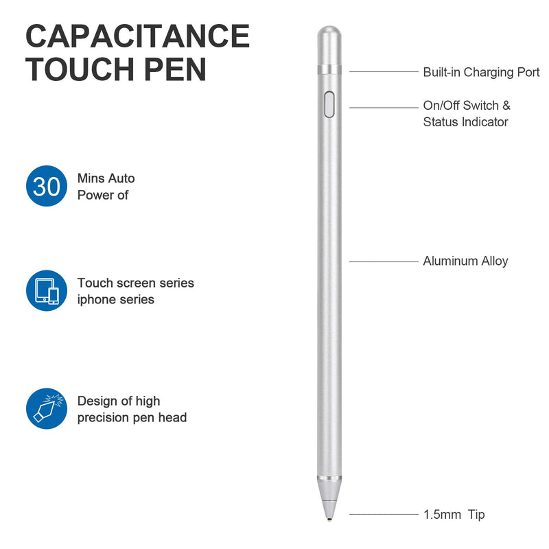 [Australia - AusPower] - Stylus Pen Digital Pencil Fine Point Active Pen for Touch Screens, Compatible with iPhone iPad and Other Tablets (Silver) Silver 
