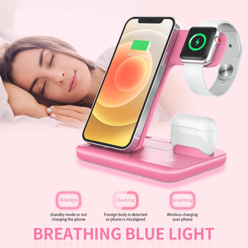 [Australia - AusPower] - WAITIEE Wireless Charger 3 in 1, 15W Fast Charging Station for Apple iWatch SE/6/5/4/3/2/1,AirPods Pro, Compatible with iPhone 12/12 Pro Max/11 Series/XS Max/XR/XS/X/8/8 Plus/Samsung Galaxy (Pink) Pink 
