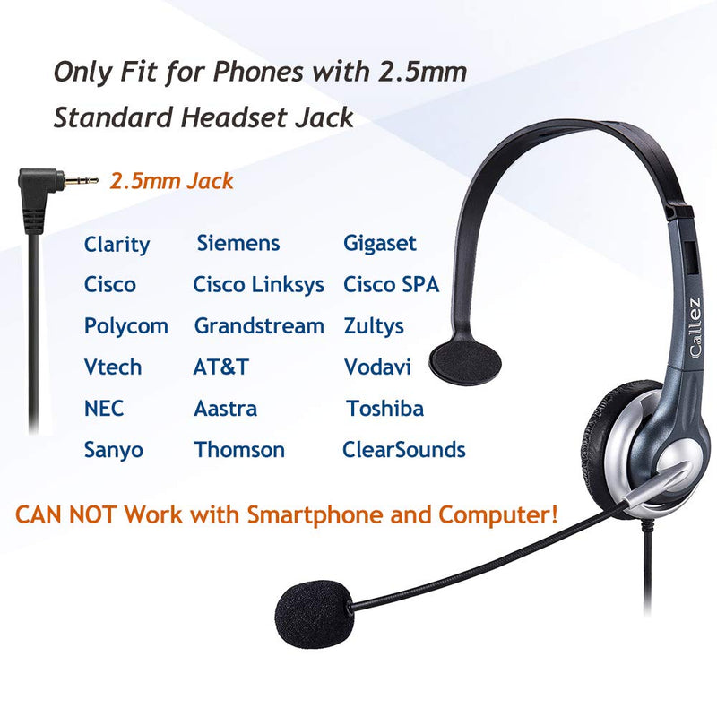 [Australia - AusPower] - Callez 2.5mm Cordless Phone Headset Mono, Hands-Free Telephone Headset With Noise Canceling Mic For DECT AT&T ML17929 Vtech Panasonic KX-T7630 KX-T7633 Uniden RCA Cisco Call Center Home Office(C300D1) 