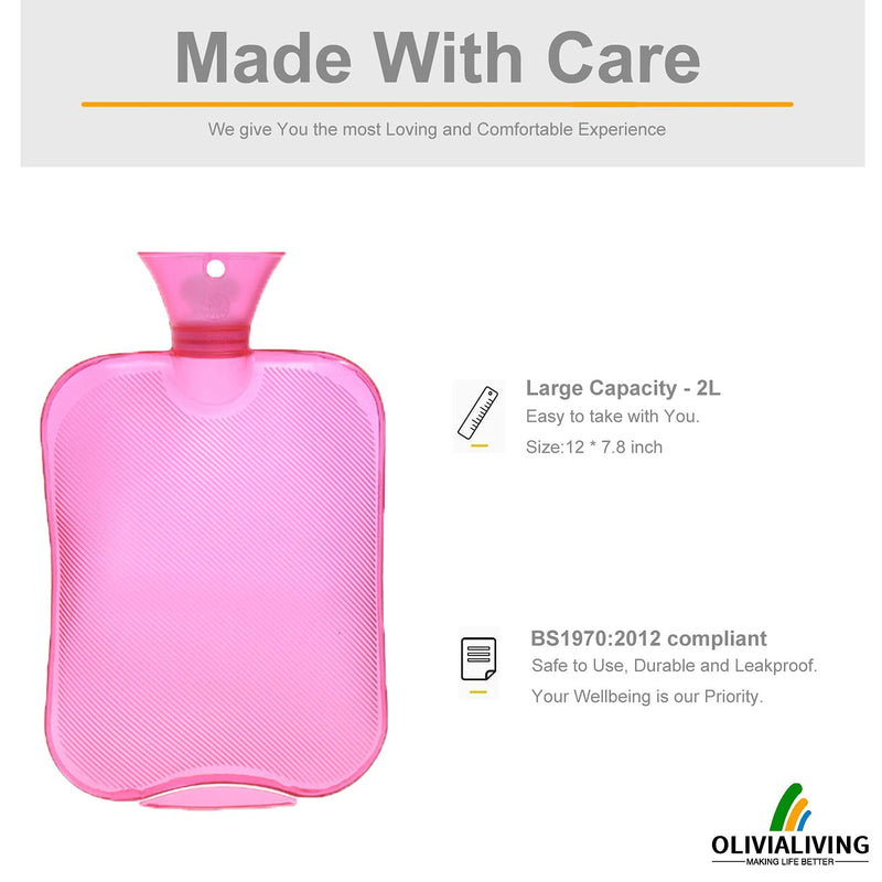 [Australia - AusPower] - OliviaLiving Classic Transparent Hot Water Bottle 2 Liter with Knit Cover - Great for Cramps, Pain Relief & Cozy Nights - Water Heating Pad - Feet & Bed Warmer for Adults Pink Burgundy 