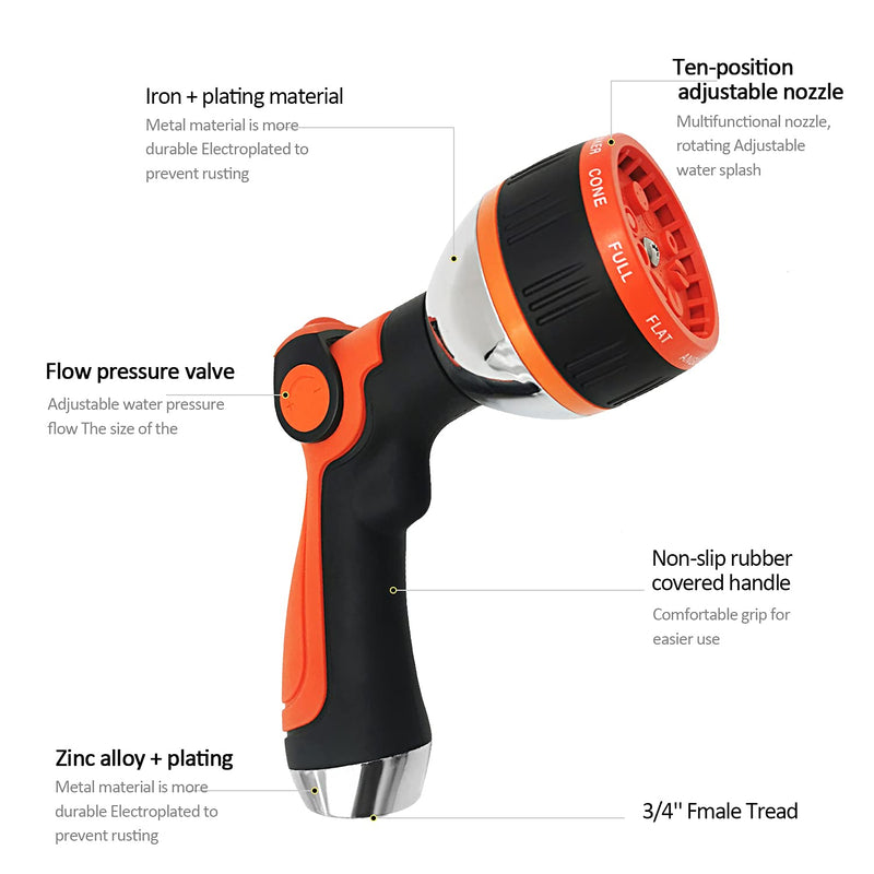 [Australia - AusPower] - GUDWING Garden Hose Nozzle, 10 Spray Patterns, On /Off Valve Thumb Control, High Pressure Water Hose Nozzle for Garden Hose, Garden Hose Spray for Outdoor Watering, Cleaning, Washing Cars, Bath Pets Acrylonitrile Butadiene Styrene Orange 