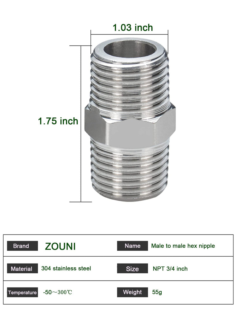 [Australia - AusPower] - 4PCS Hex Nipple 3/4" Male x 3/4" Male Pipe Fittings, 304 Stainless Steel 3/4 inch NPT Male Threaded Pipe Adapter Fittings Equal Nipples Connectors, Male Straight Connector Pipe Fitting 0.75 Inch 