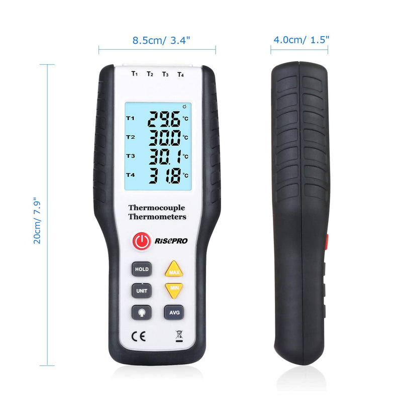 [Australia - AusPower] - Thermocouple Thermometer, RISEPRO 4 Channel K Type Digital Thermometer Thermocouple -200~1372°C/2501°F Sensor HT-9815 