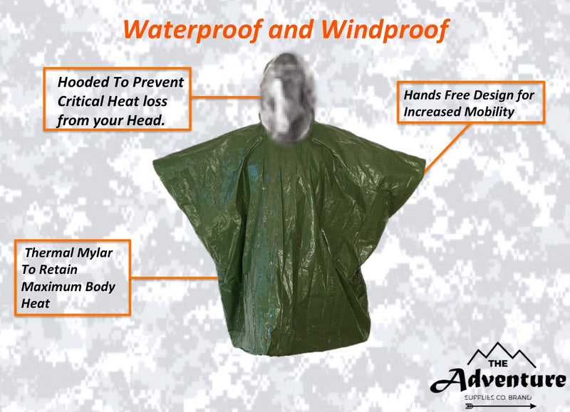 [Australia - AusPower] - Emergency Blanket & Rain Poncho - 4 Pack, Mylar Thermal Survival gear for heat retention - Lightweight - Army Green - Adventure Supply Co. 