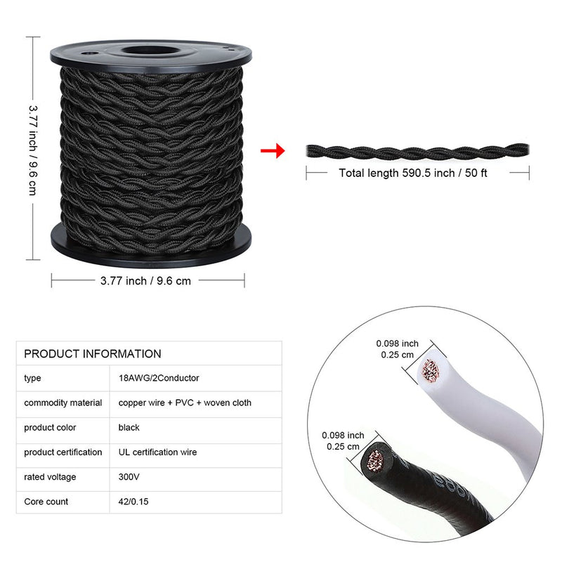 [Australia - AusPower] - [UL Listed] 50ft Twisted Cloth Covered Wire, Carry360 Antique Industrial Electronic Wire, 18-Gauge 2-Conductor Vintage Style Fabric Lamp/Pendant Cloth Cord Cable (Black) Black 