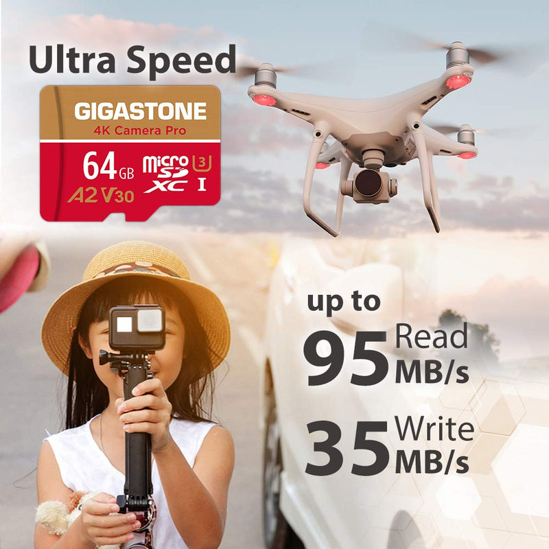 [Australia - AusPower] - Gigastone 64GB 2-Pack Micro SD Card, 4K Camera Pro for GoPro, Security Camera, Wyze, DJI, R/W up to 95/35MB/s MicroSDXC Memory Card UHS-I U3 A2 V30 