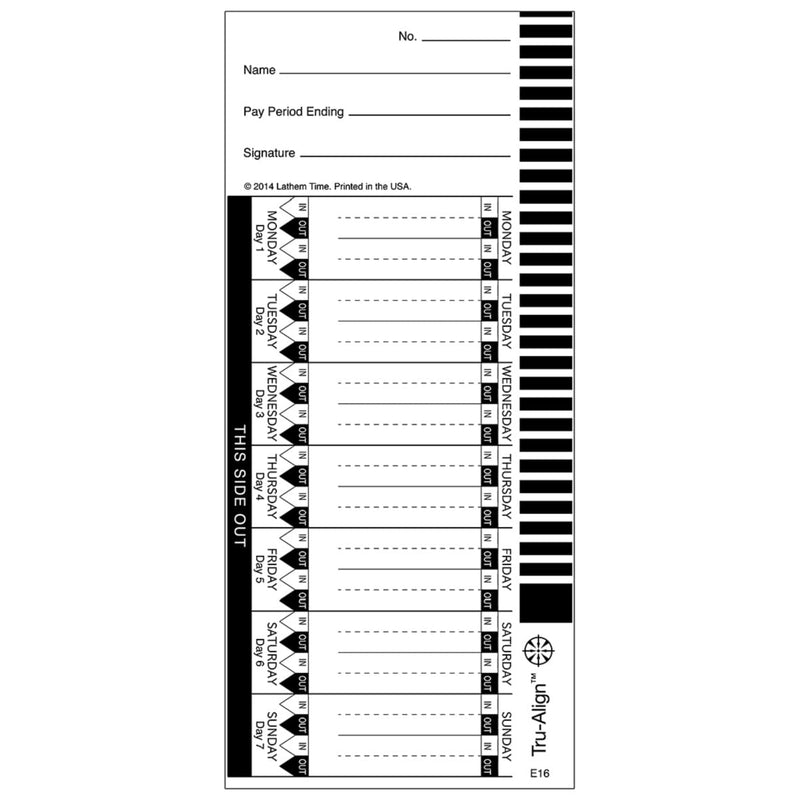 [Australia - AusPower] - Lathem TruAlign E16 Time Cards for 1600E, Weekly, 1-Sided, 4" x 9", White, Box of 100 