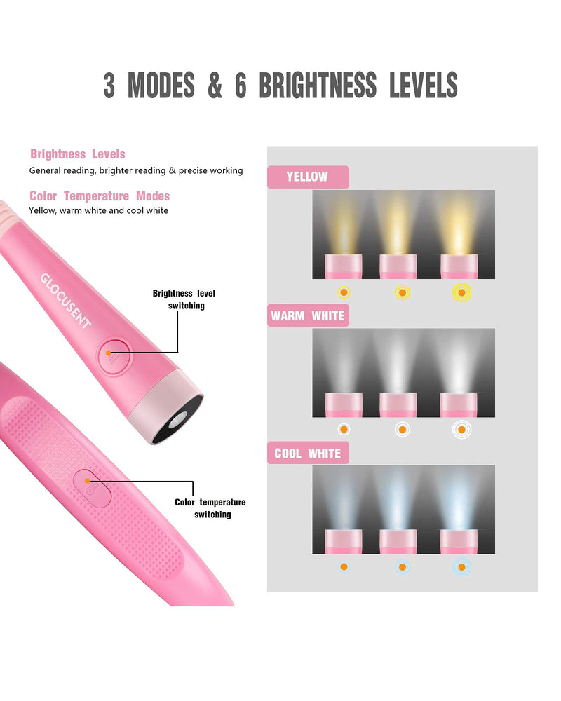 [Australia - AusPower] - Glocusent LED Neck Reading Light, Book Light for Reading in Bed, 3 Colors, 6 Brightness Levels, Bendable Arms, Rechargeable, Long Lasting, Pink, Perfect for Reading, Knitting, Camping, Repairing 