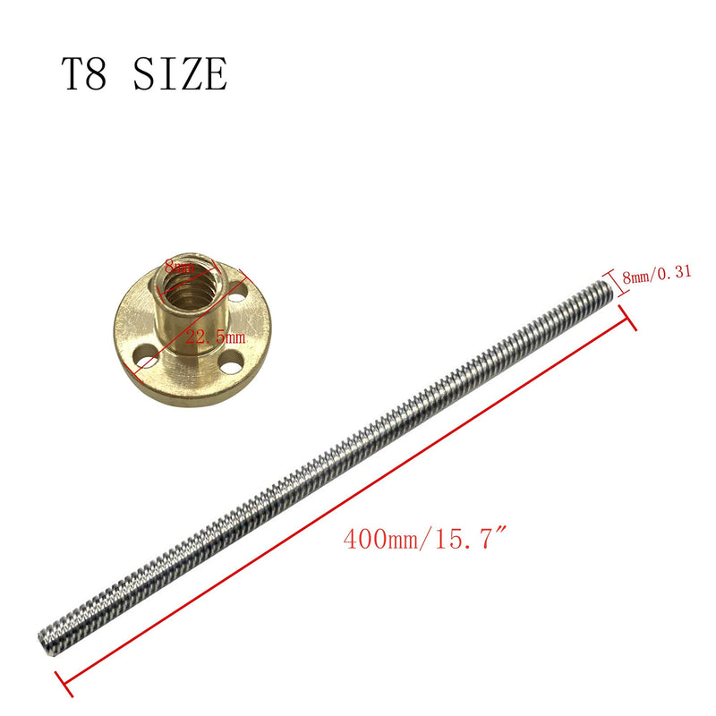 [Australia - AusPower] - 2pcs 400mm Tr8X8 Lead Screw with T8 Brass Nut for 3D Printer Machine Z Axis(Acme Thread, 2mm Pitch, 4 Start, 8mm Lead) 