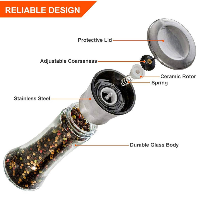 [Australia - AusPower] - Salt and Pepper Shakers Grinders Refillable Stainless Steel,Adjustable Coarseness Mills Glass Material to Refill Sea Salt,Small Peppercorn,Black Pepper,Fits in Home,Kitchen(single package) color AA 