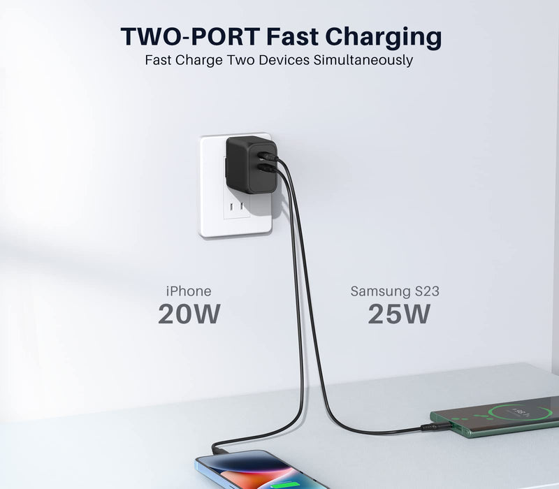 [Australia - AusPower] - 45W USB C Charger, K&ZZ Dual USB-C GaN Charger Foldable PD Super Fast Charger Block Compact Type C Wall Charger for Galaxy S23 Ultra/ S22/ Note, MacBook, Steam Deck, iPad, iPhone 14 (45W, Black) 