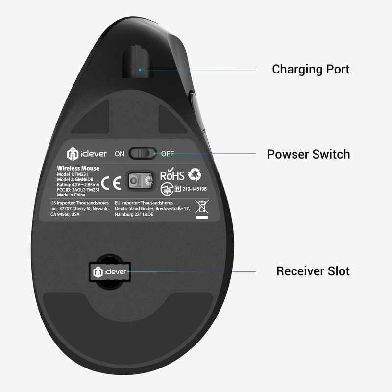 [Australia - AusPower] - Ergonomic Mouse, iClever Chargable Vertical Mouse Wireless 6 Buttons with Adjustable DPI 1000/1600/2000/2400 Comfortable 2.4G Optical Ergo Mouse for Laptop, Computer, Desktop, Windows, Mac OS-Black 