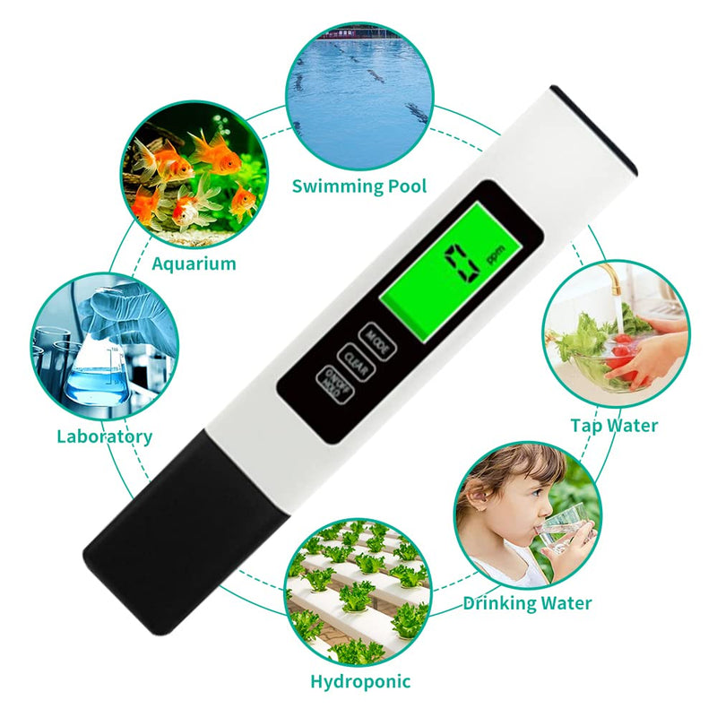 [Australia - AusPower] - PHEPUS TDS Water Digital Tester Kit Zero Water Meter 0-9990 ppm Waterproof with 4-in-1 Feature Stabilizes Readout for Aquaculture Colloidal Silver Wine Pool Hardness Salinity - Leather Case (White) 