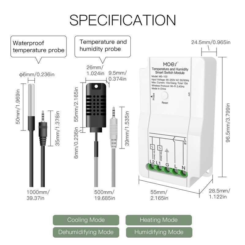 [Australia - AusPower] - MOES WiFi Smart Temperature and Humidity Switch Module Sensor, Dual Relay Output Controller, Smart Life Tuya App Wireless Remote Control, Programmable Thermostats Kit Works with Alexa Google Home Switch Module + Temperature and Humidity Probe 