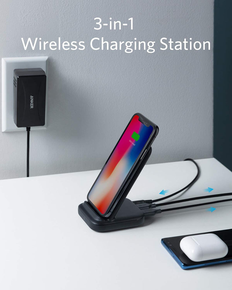 [Australia - AusPower] - Anker 3-in-1 Multi-Device Wireless Charging Station, PowerWave 10 Stand with 2 USB-A Ports, for iPhone SE, 11, 11 Pro, XS Max, XR, XS, X, 8, 8 Plus, Galaxy S20, S10, S9, S8, 36W Power Supply Included 