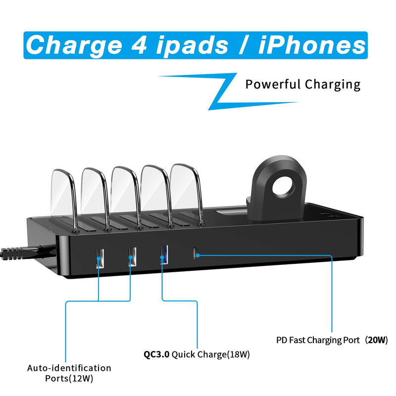 [Australia - AusPower] - KKM 7 in 1 Charging Station for Multiple Devices, 40W Charging Dock Multi USB Charger Station Compatible with iPhone13/12/S22/iPad/Cell Phone/Tablets/AirPods/iWatch/Apple Pencil (with 3 Short Cables) 7 in 1 black 