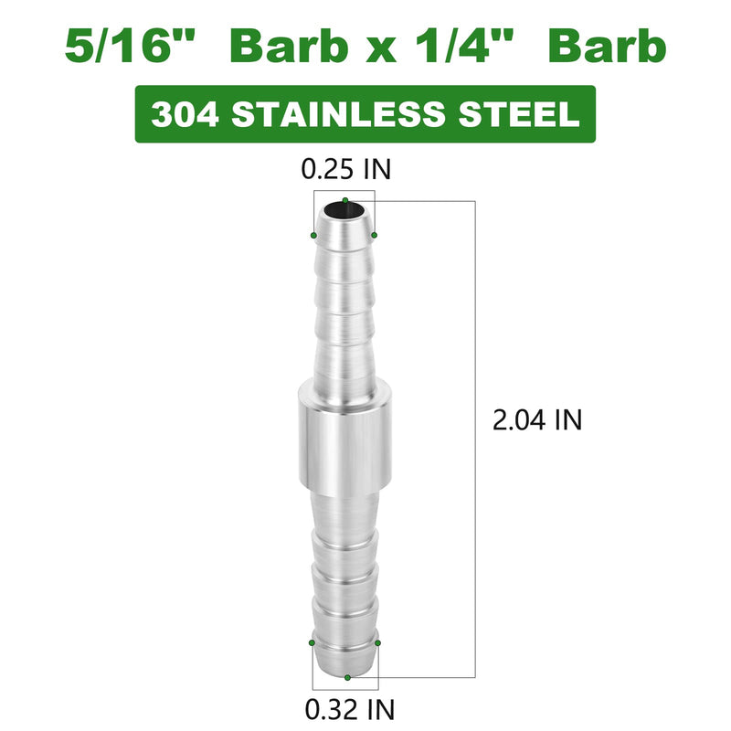 [Australia - AusPower] - TAISHER 5PCS 304 Stainless Steel Hose Barb Fittings 5/16 Inch to 1/4 Inch Barb Hose, Hose Barb Reducer Splicer Mender Union Air Water Fuel with 10PCS Hose Clamp 5/16" Barb x 1/4" Barb 