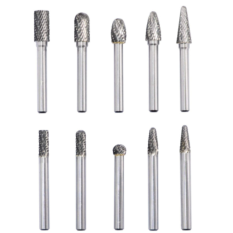 [Australia - AusPower] - Carbide Burrs Set with 1/4''Shank Double Cut Solid Power Tools Tungsten Carbide Rotary Files Bits for Die Grinder Metal Wood Carving Engraving Polishing Drilling Grinding Milling Cutting 10pcs 