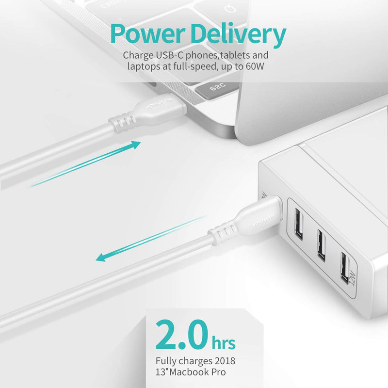 [Australia - AusPower] - USB C Charger, Nekteck 4-Port 72W USB Wall Charger with Type-C 60W Power Delivery PD Charger Station Compatible with iPhone 12 Pro Max, MacBook Pro, iPad Pro, Dell XPS, Surface Go, Pixel(White) White 