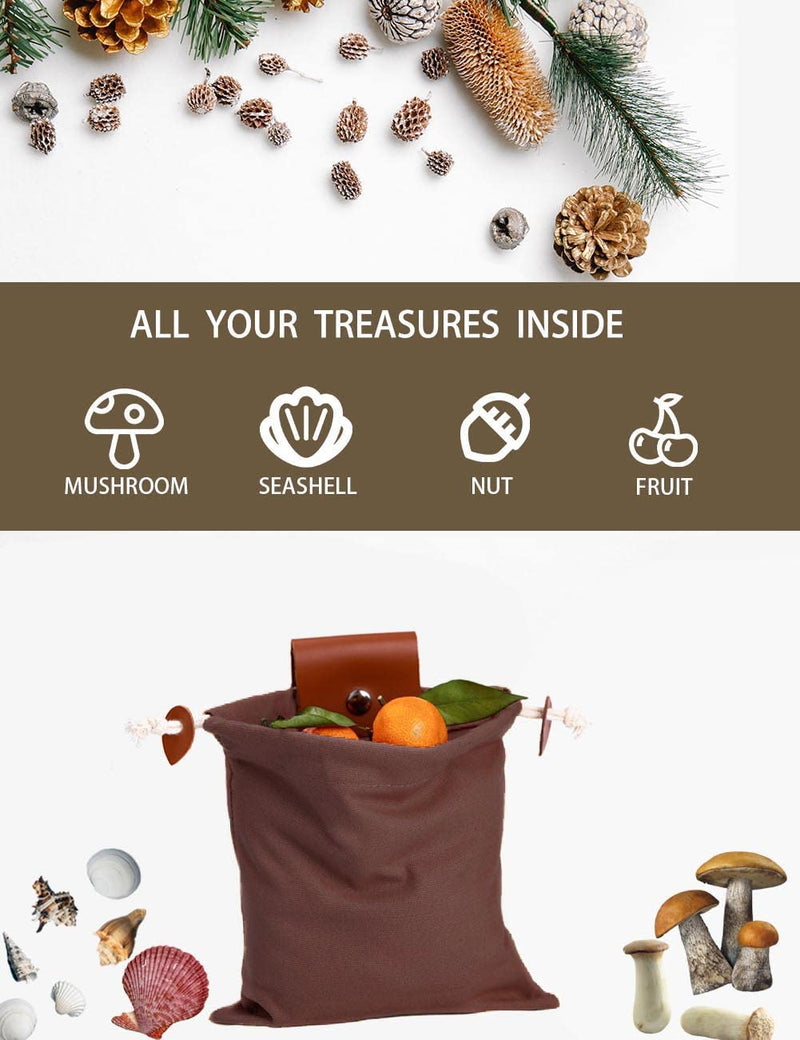[Australia - AusPower] - Foraging Bag, Canvas Foraging Pouch for Hiking, Bushcraft, Collapsible Belt Bag for Collecting Mushrooms, Seashells, Rocks with Adjustable Shoulder Strap (Brown) Brown 