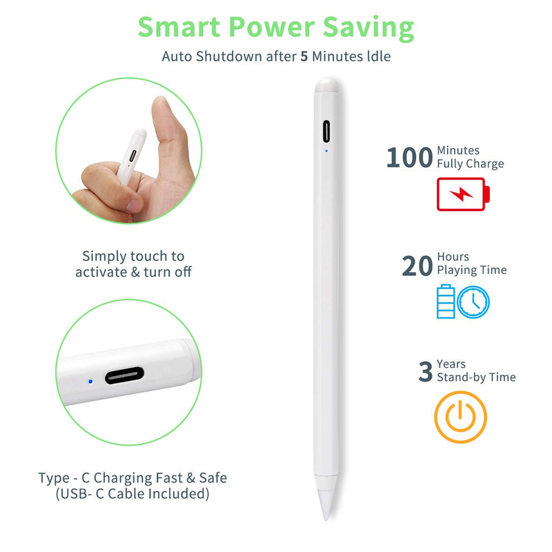 [Australia - AusPower] - 2020 iPad 8th Generation 10.2" Stylus Pencil with Tilt and Palm Rejection,Type-C Recharge and 1.5mm Fine Point Pen Compatible with Apple iPad,White White 