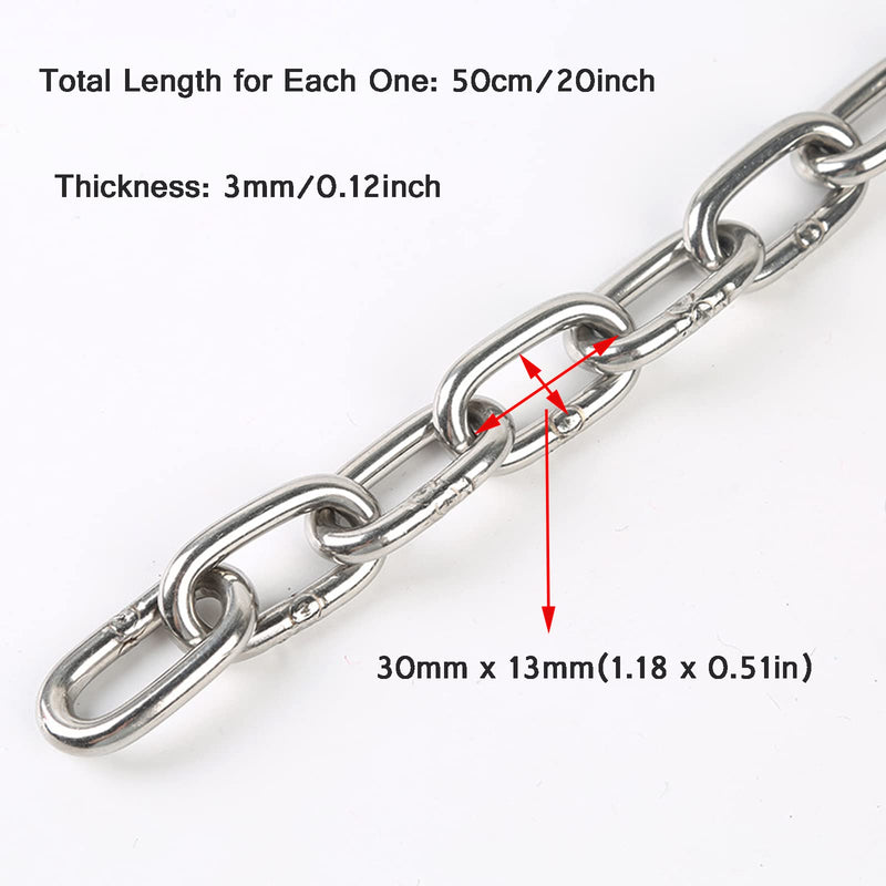 [Australia - AusPower] - 2pcs 304 Stainless Steel Safety Chains, 0.12 x 20in (T*L) Long Link Chain Rings Light Duty Coil Chain for Hanging Pulling Towing(Length*Thickness-50cm*3mm) Length*Thickness_50cm * 3mm_2 pcs 
