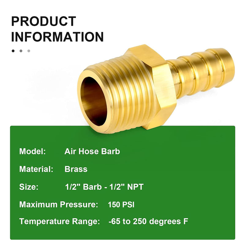 [Australia - AusPower] - TAISHER 5 PCS Brass of Hose Barb Fittings 1/2"(12.7mm) Barb x 1/2" MNPT Pipe Adapter Air Hose Fitting with 5 PCS Hose Clamp 1/2" Barb x 1/2" MNPT 