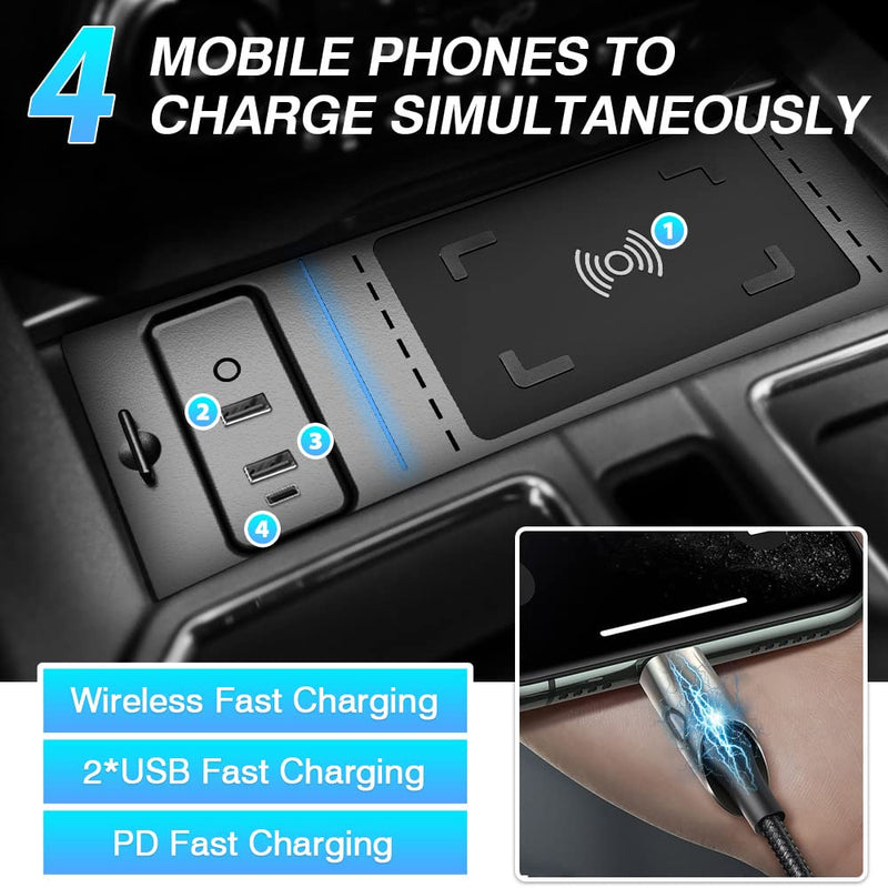 [Australia - AusPower] - T TGBROS Custom Fit for 15W Fast Wireless Car Charger 2015-2020 Ford F150 (Not for 2021 F150 & Ford F-150 XLT F250 F350) Fasting Charging with 36W USB Port Wireless Qi Phone Charger Pad Black 