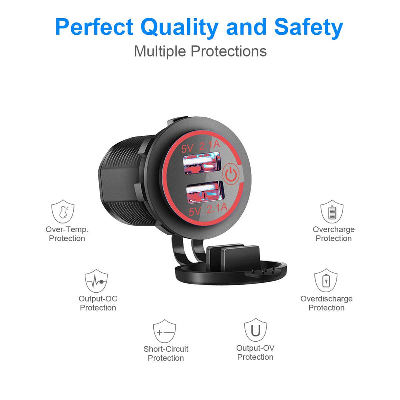 [Australia - AusPower] - Dual USB Charger Socket, 2.1A & 2.1A Waterproof 12V/24V Dual USB Fast Charger Socket Power Outlet with Touch Switch for Car Marine, Boat, Golf Cart, Motorcycle, Truck and More(4.2A-Red) 