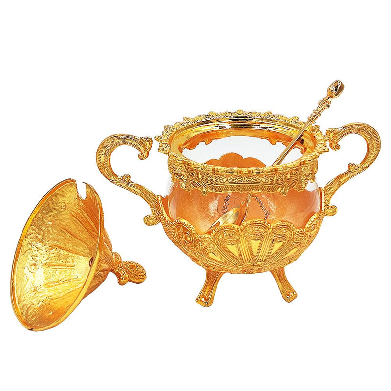 [Australia - AusPower] - Hourwof Sugar Bowl with Lid and Spoon for Kitchen Coffee Bar and Wedding Party,Metal and Glass Sugar Container for Sugar Cube and Powder Sugar,Spice Condiment Container,Salt Server,Gold Gold 