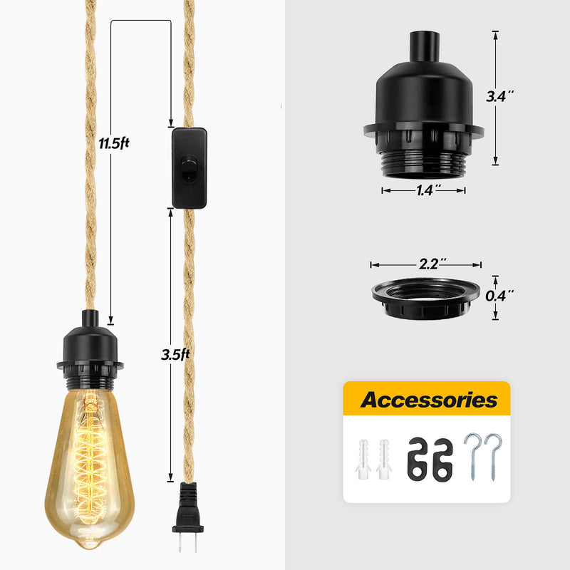 [Australia - AusPower] - LYOOWNG Plug in Pendant Light Cord, Farmhouse Pendant Lighting Kit, 15FT Hemp Rope Plug in Hanging Light Cord Kit with On/Off Switch, E26 E27 Light Socket Cord for Hanging Light 