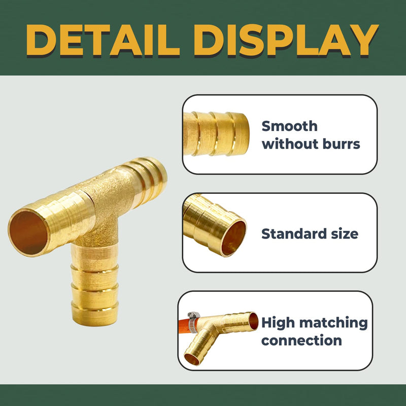 [Australia - AusPower] - LIONMAX Barb Tee Fittings 3 PCS, 3/8" x 3/8" x 3/8" ID Hose Barb, Brass Hose Barb T Fitting 3 Way Union Fittings, with 9 Hose Clamps, for Water/Fuel/Air 