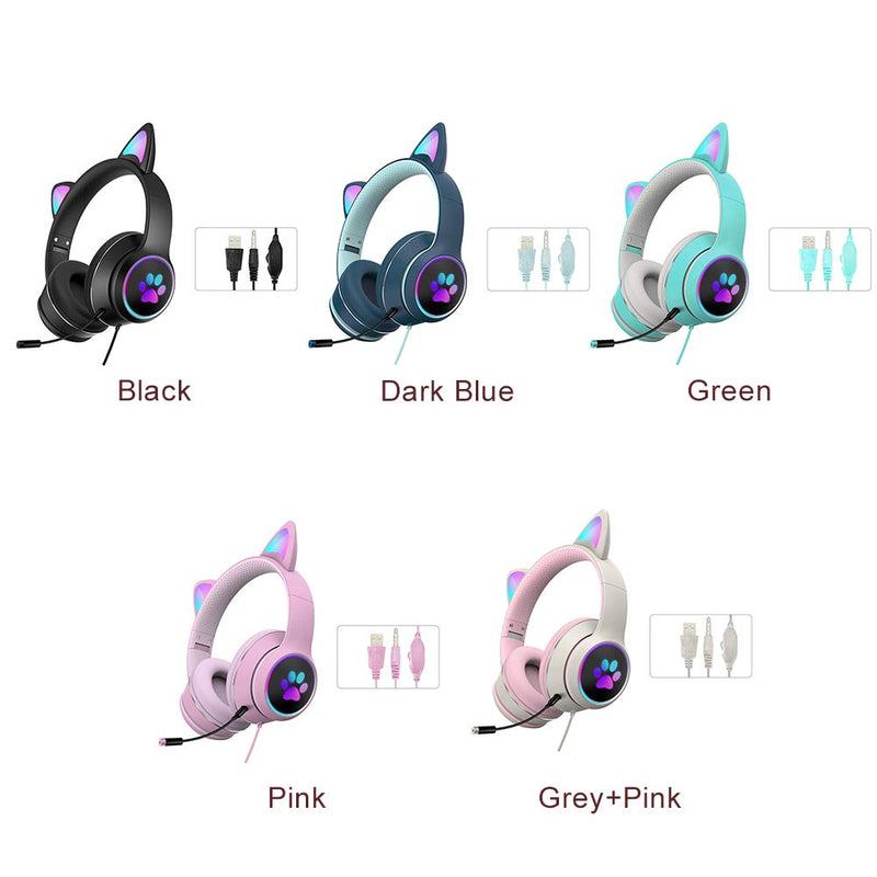 [Australia - AusPower] - LVOERTUIG Cat Ear Headphones,Foldable and Stretchable Wireless Bluetooth Gaming Headset with RGB LED Light Wired Gaming Headset Stereo Sound,Over Ear Headphones Gift for Kids and Adult Green 