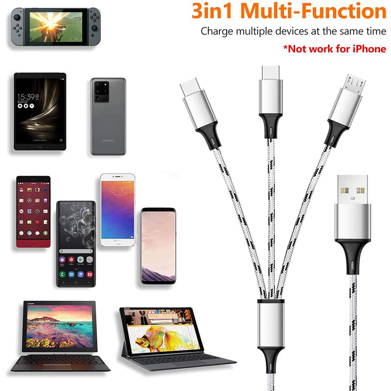 [Australia - AusPower] - Multi Charging Cable, 6ft 2Pack Multi Charger Cable Braided Multiple USB Cable Universal 3 in 1 Charging Cord with Dual Type C, Micro USB Port Connectors for Cell Phones, Android Devices and More 