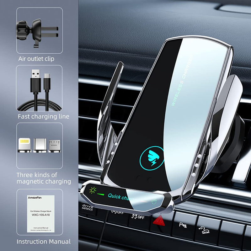 [Australia - AusPower] - AmazeFan Wireless car Charger 15W Qi Fast Charging Auto Touchscreen Car Charger Mount for iPhone Samsung Huawei etc, car Phone Holder 360 ° Rotation, Electric Induction Opening and Closing，Silver silver 