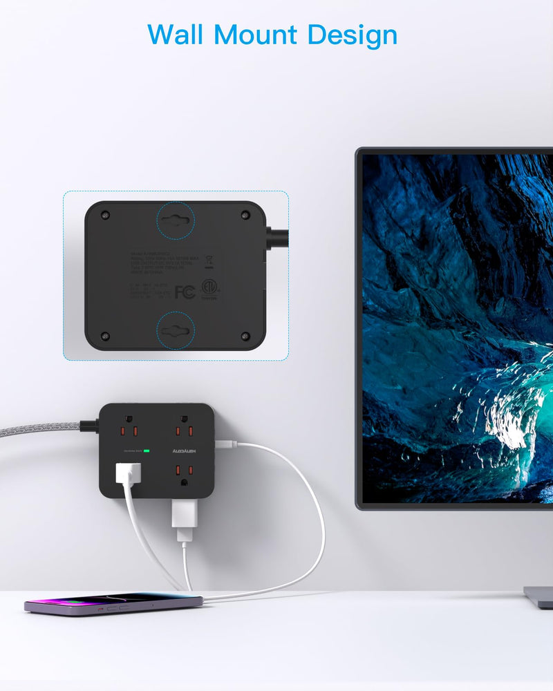 [Australia - AusPower] - Power Strip Surge Protector 10 Ft Cord, Extension Cord Flat Plug with 8 Outlets 4 USB Ports(2 USB C), Wall Mount, Desk Charging Sation for Home Offcie 10Ft Black 