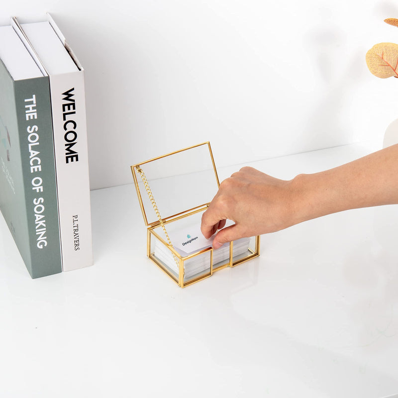 [Australia - AusPower] - Feyarl Clear Gold Glass Business Card Box with Lid Name Card Display Business Card Organizer Container Collection Cards Box Storage for Office Desktop CounterTop Meeting 