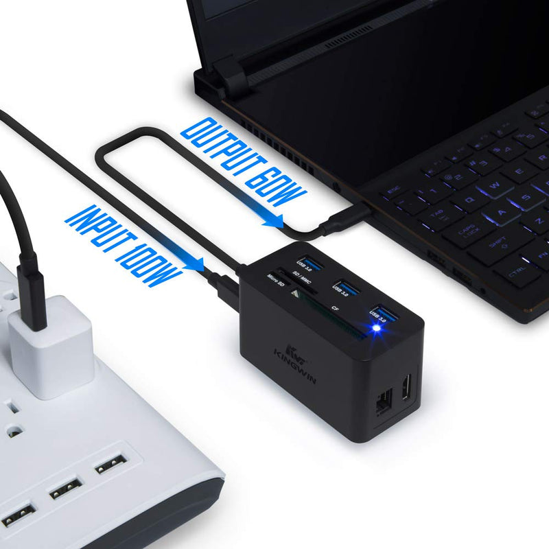 [Australia - AusPower] - Kingwin USB HUB Adapter w/Memory Card Reader Writer & USB 3.0 HUB - Thunderbolt 3 Supports High Speed SD Micro CF Card ehternet, 4k hdmi, 60W PDReader for MacBook, Laptop, Desktop - USB Cable 5 Gbps USB C + Power Delivery 