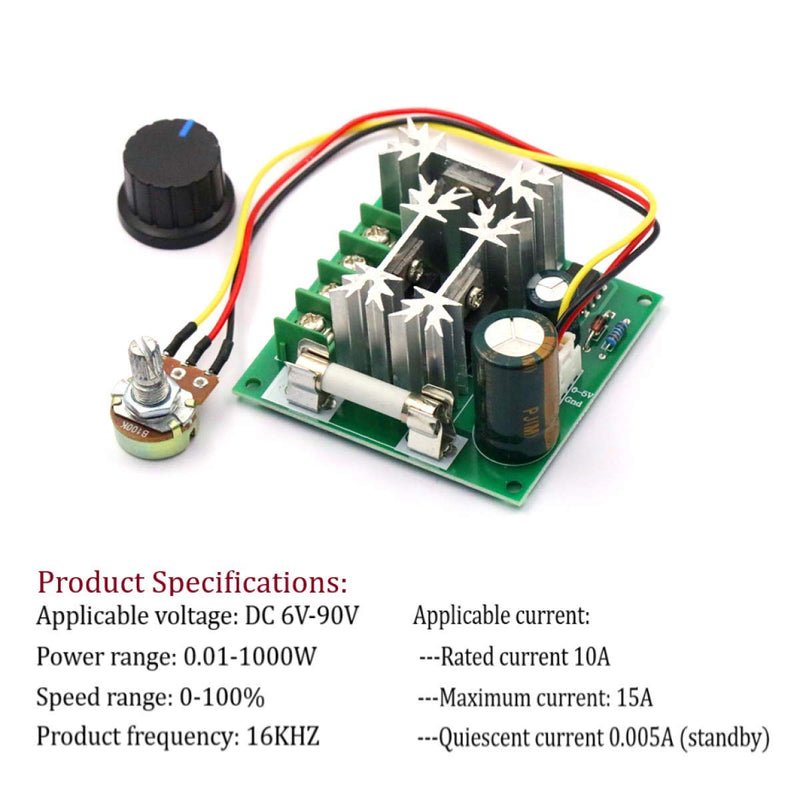 [Australia - AusPower] - DaFuRui 2Pack Upgraded 6V-90V 15A DC Motor Pump Speed Controller，16KHZ PWM Speed Controller Regulator Module Board with Speed Control Knob (6V-90V 15A DC Motor) 