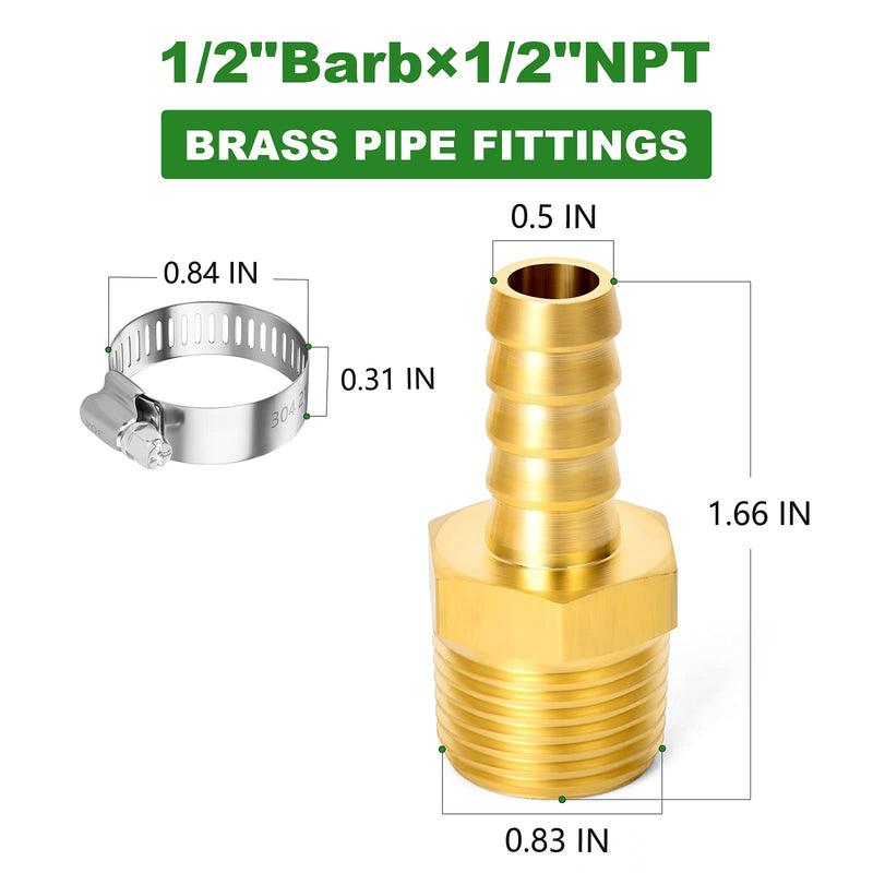 [Australia - AusPower] - TAISHER 5 PCS Brass of Hose Barb Fittings 1/2"(12.7mm) Barb x 1/2" MNPT Pipe Adapter Air Hose Fitting with 5 PCS Hose Clamp 1/2" Barb x 1/2" MNPT 