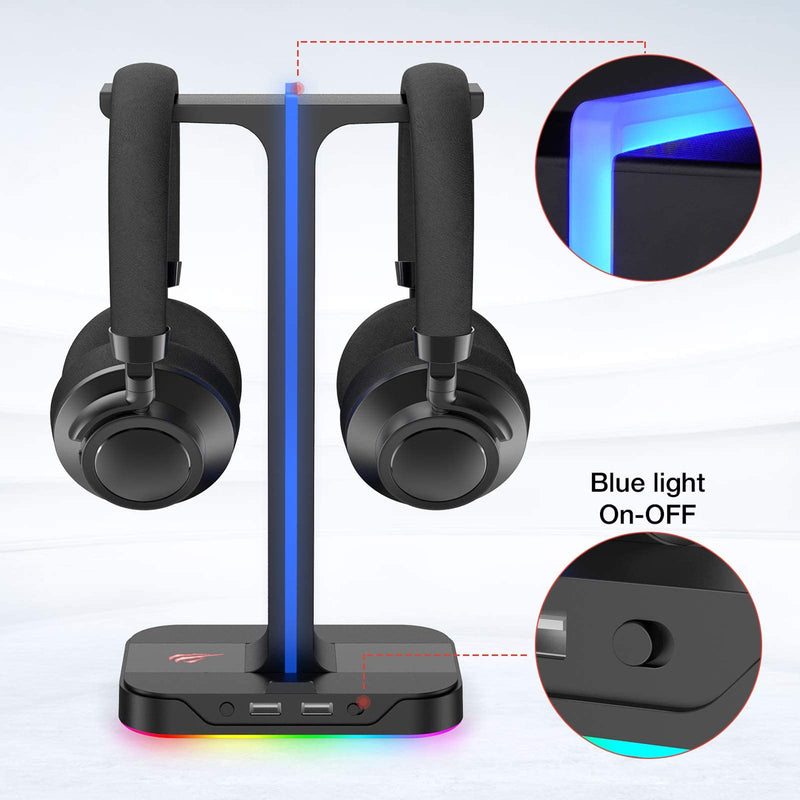 [Australia - AusPower] - Havit RGB Gaming Headphone Stand Desk Dual Headset Hanger Base with Phone Holder & 2 USB Ports for Desktop PC Game Earphone Accessories Black 