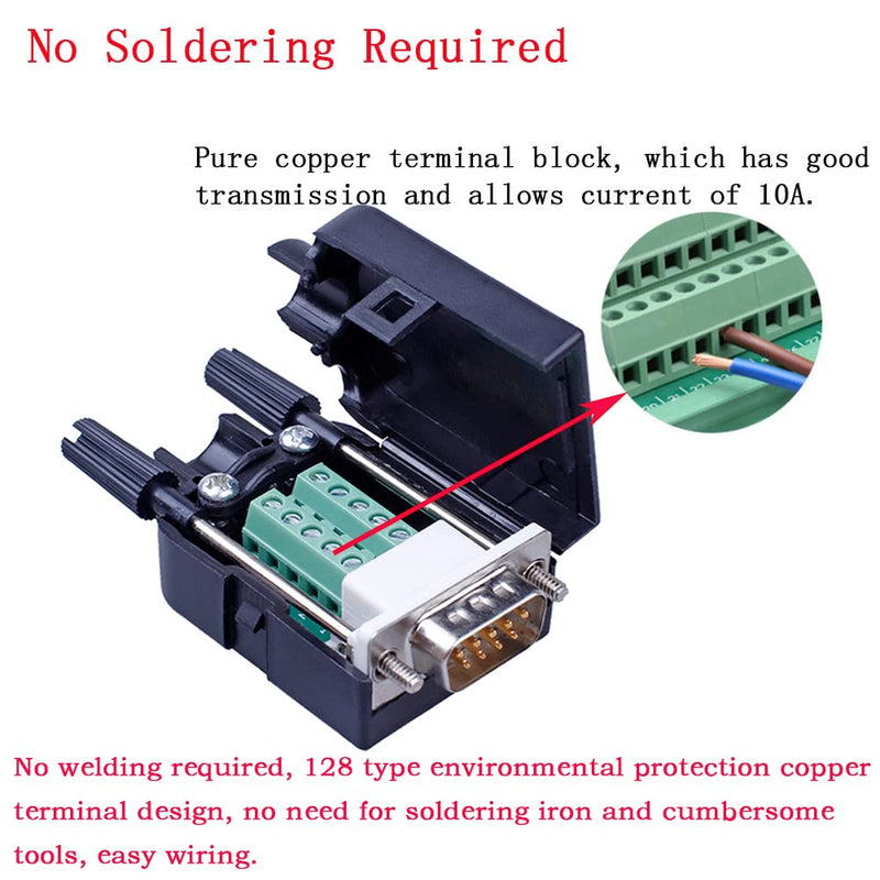 [Australia - AusPower] - ANMBEST 10PCS DB9 Male Breakout Connector,DB9 Solderless RS232 D-SUB Serial to 9-pin Port Terminal Adapter Connector Breakout Board with Case Long Bolts Tail Pipe 10PCS Male Adapter 