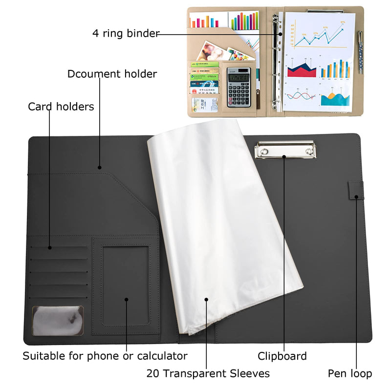 [Australia - AusPower] - Enyuwlcm PU Leather Padfolio Ring Binder with Clipboard Resume Leather Portfolio with 20 Clear Plastic Sleeves Black 