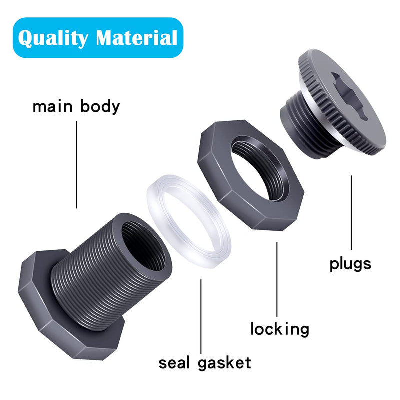 [Australia - AusPower] - Tnuocke 4PCS PVC Bulkhead Fitting 3/4 Inch with Plugs,water Pipe Connector,(21-38mm)Hose Clamps Kit,Water Tank Connector Adapter,Thru-Bulk Pipe Fitting for Rain Barrels,Water Tanks,Pools(Grey)H-07 4Pcs 3/4inch kit 