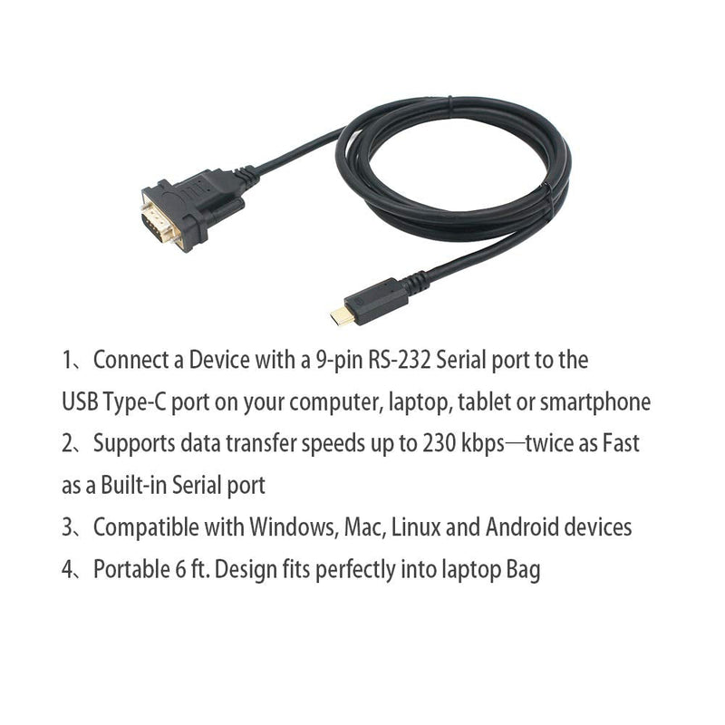 [Australia - AusPower] - USB to DB9 RS232 Serial Adapter Converter Cable with FTDI Chip 6ft Support Win10/8/7/XP/Android/Mac/Linux/Vista (Type C to DB9) Type C to DB9 