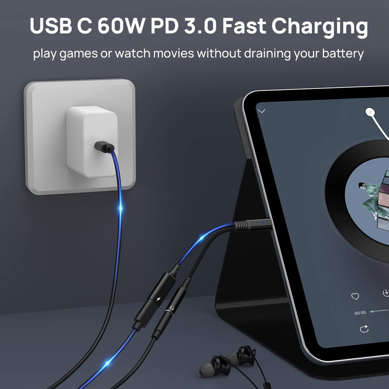 [Australia - AusPower] - USB C to 3.5mm Headphone and Charger Adapter, 2 in 1 Type C to Aux Audio Jack with PD 60W Fast Charging Dongle Cable Cord Compatible with Samsung Glalxy S22 S20 S21 Ultra S21+ S20 FE,Pixel 6 5XL Black 